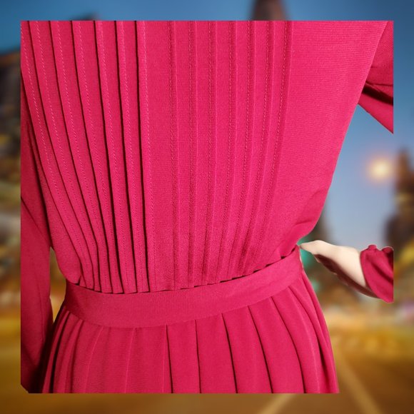 Vintage 1970's Albert Nipon Pleated Wrap Dress - Burgundy/Maroon/Long Sleeves - Picture 5 of 12